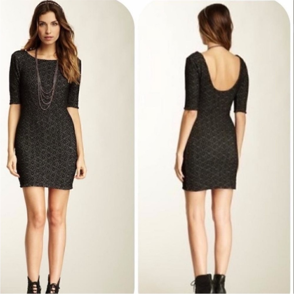 Free People Black Bodycon Dress Scoop Neck Cuffed Sleeves